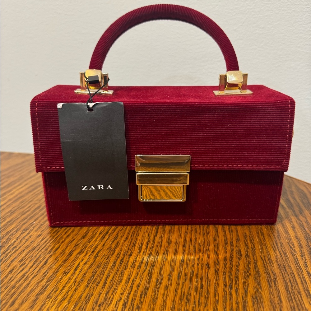 Zara Burgundy Velvet Mini Bag with Gold Accents